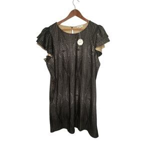 ODDI Women’s Black Gold Metallic Dress Flutter Sleeve Lined Cocktail Evening